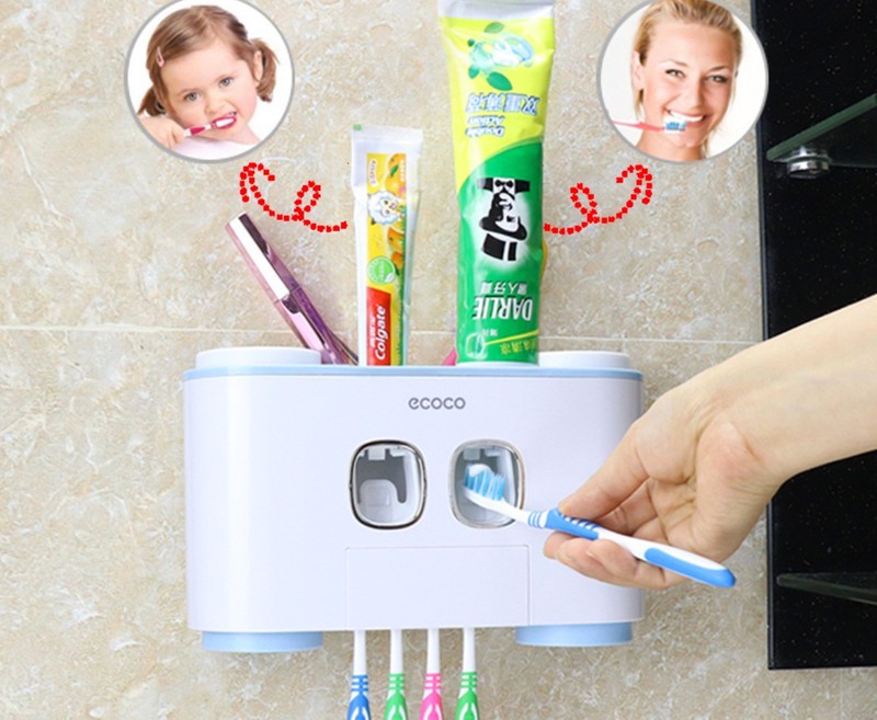 Giá để bàn chải đánh răng kèm bộ nhả kem đánh răng đôi tự động treo tường không cần khoan Ecoco (Tặng kèm 4 cốc nhựa xinh xắn) - Giá rẻ hôm nay