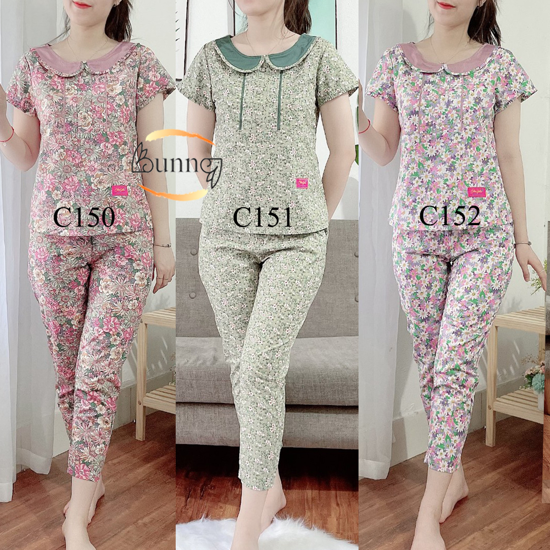 QUẦN ÁO BỘ NỮ MẶC Ở NHÀ, MẶC SAU SINH, MẪU CỔ BÈO TAY CỘC QUẦN DÀI HỌA TIẾT DỄ THƯƠNG