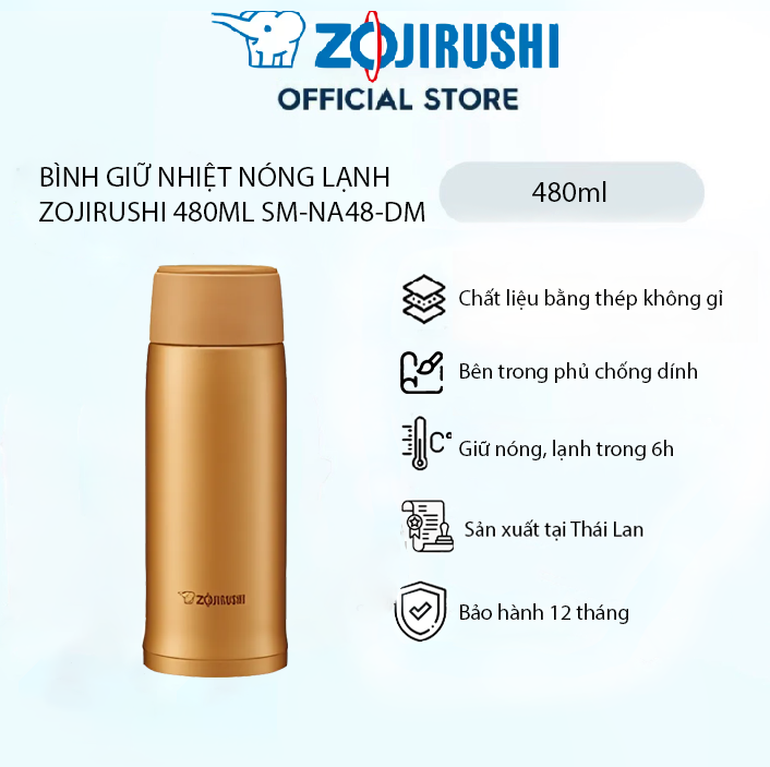 Bình giữ nhiệt Zojirushi SM-NA48-DM 0,48L(Màu vàng nâu), bình giữ nóng lạnh, bảo hành 1 năm chính hãng