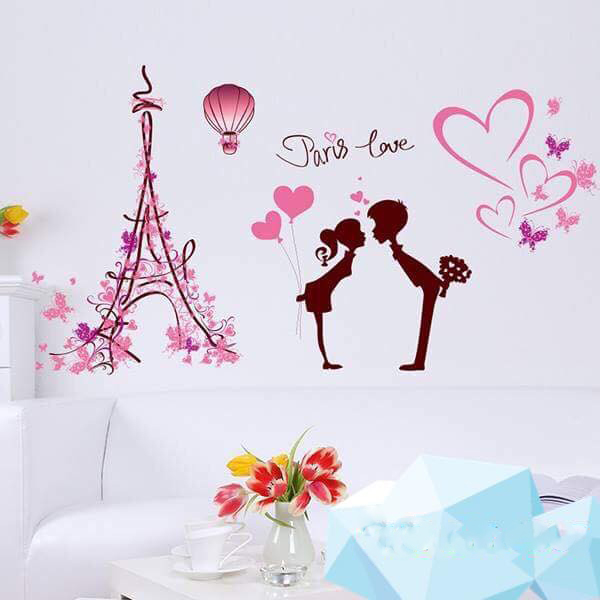 Decal dán tường Paris tình yêu Tranh dán tường Paris Love cùng trái tim hồng