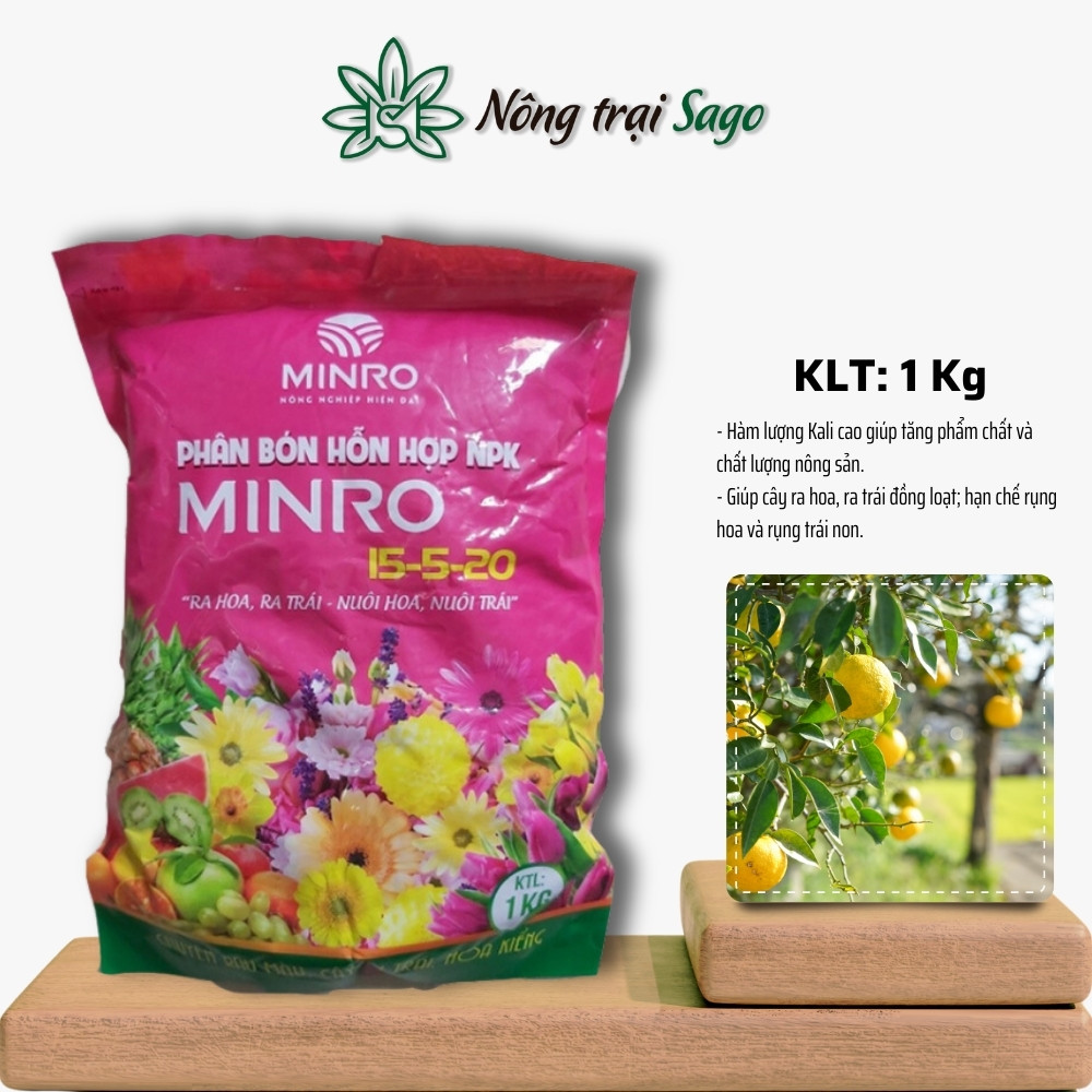 Phân Bón NPK Minro 15-5-20 + TE (gói 1kg) - Giúp cây ra hoa, đậu trái, nuôi hoa, nuôi trái tốt - Nông Trại Sago