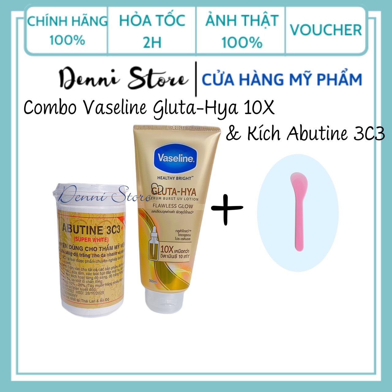 Combo kem kích trắng Abutine 3C3 500g và sữa dưỡng thể Vaseline Gluta-Hya 10X