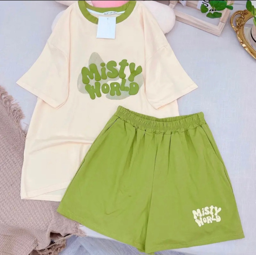 Đồ bé gái, set bộ cộc tay bé gái in chữ nổi MISTY WORLD chất cotton mịn mát, bộ quần áo bé gái mùa hè