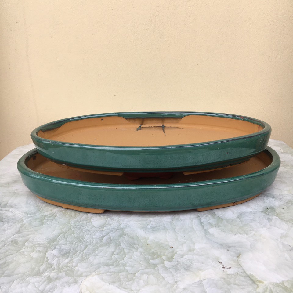 Chậu bonsai ovan bộ 2 men xanh ngọc gốm Bát tràng 1 size BM-154