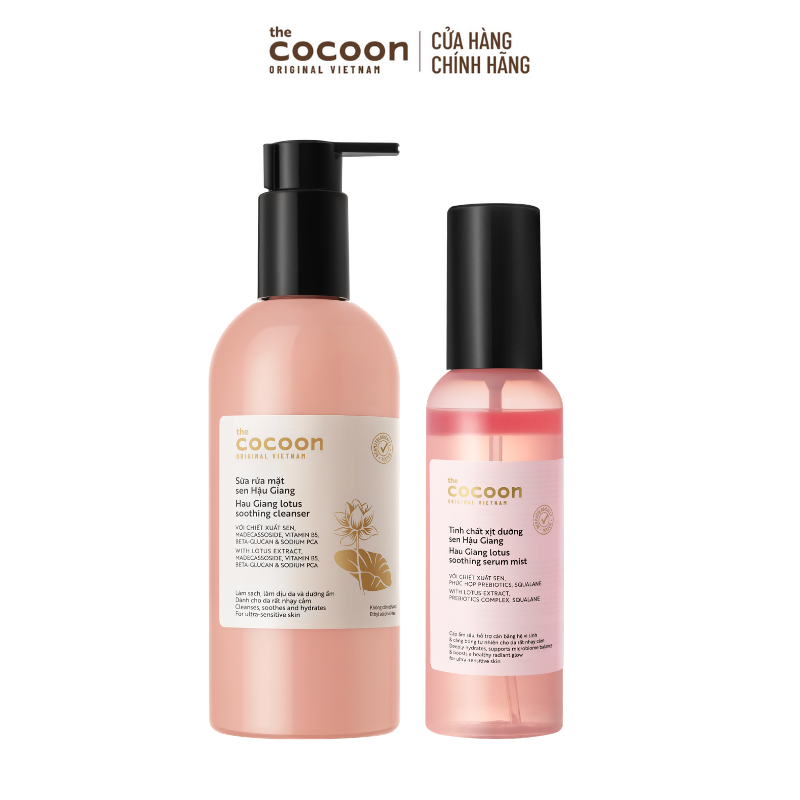 COMBO 1 Tinh chất xịt dưỡng sen Hậu Giang Cocoon 100ml + 1 Bigsize Sữa rửa mặt Sen Hậu Giang 310ml