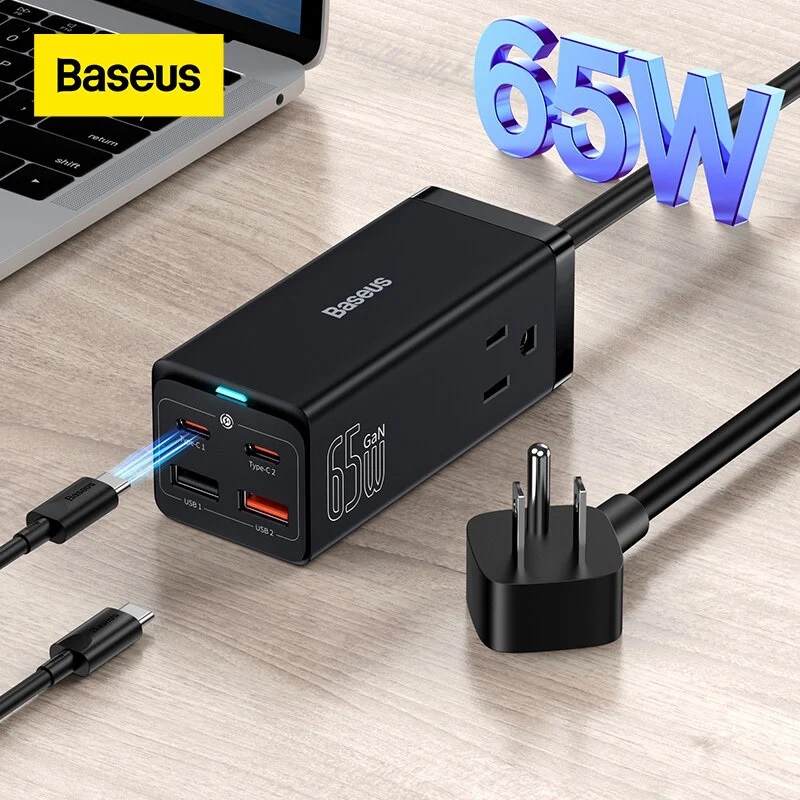 Củ sạc, cốc sạc, bộ sạc 65w baseus gan3 pro desktop powerstrip, sạc nhanh 5 in 1, 2 cổng type c, 2 cổng usb, 1 cổng ac