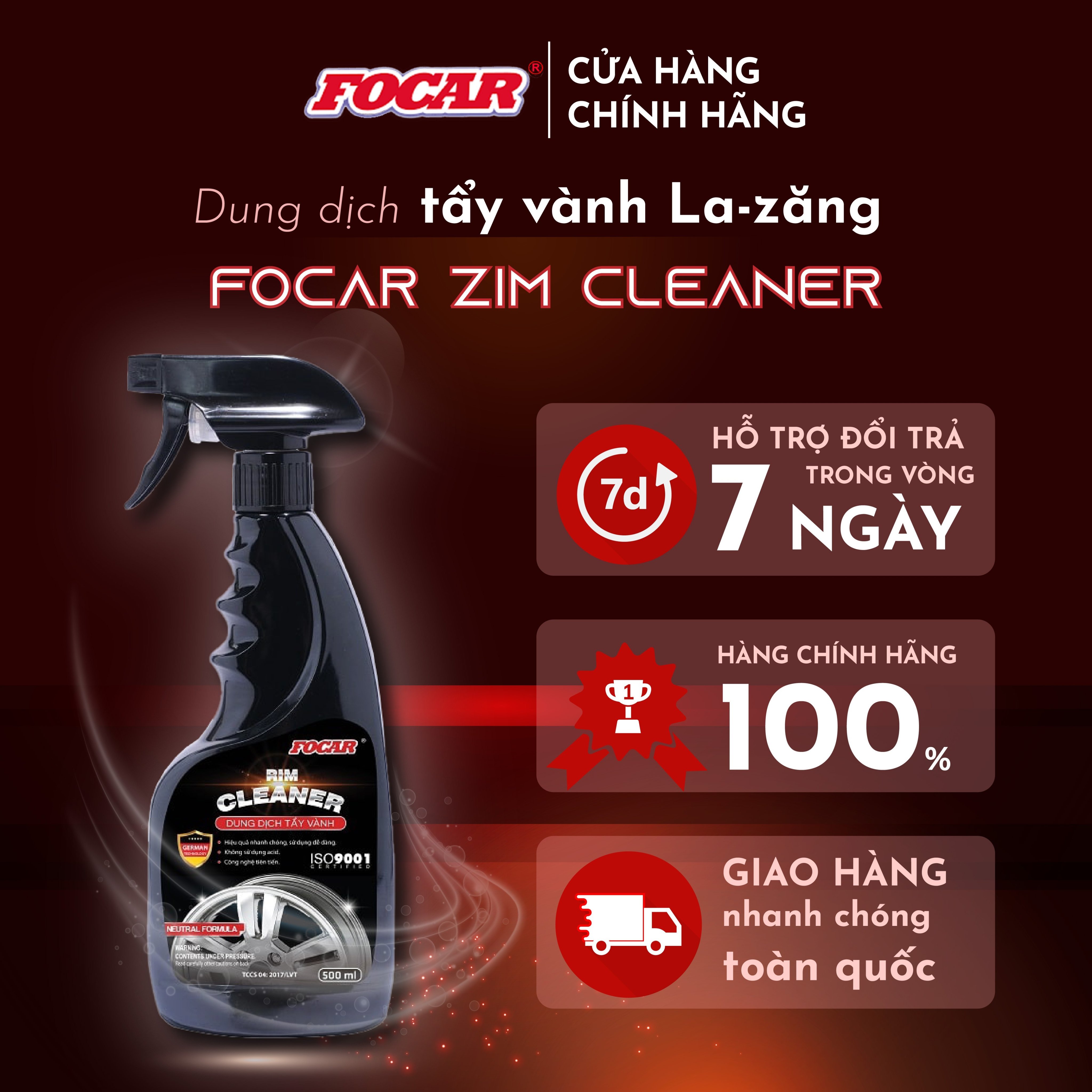 Dung dịch tẩy ố, rỉ sét vành mâm xe ô tô focar zim cleaner, nước rửa vệ sinh lazang