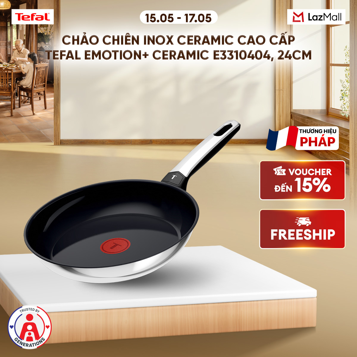 Chảo chiên inox ceramic cao cấp Tefal EMOTION+ CERAMIC E3310404, 24cm