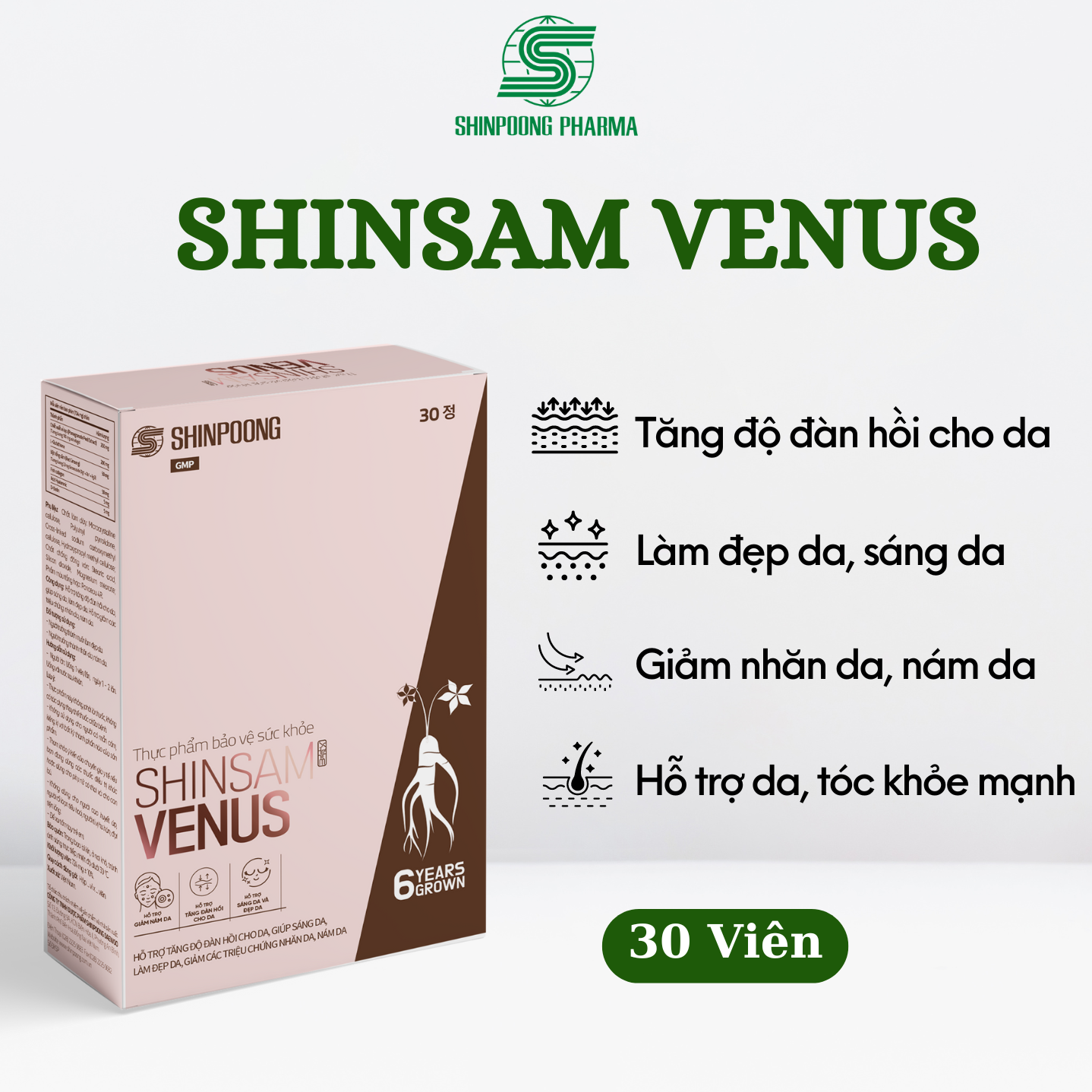 (Hộp 30V) Viên Uống SHINSAM VENUS Hỗ Trợ Tăng Độ Đàn Hồi Cho Da, Giúp Sáng Da, Hỗ Trợ Giảm Nhăn Da, Nám Da - SHINPOONG PHARMA