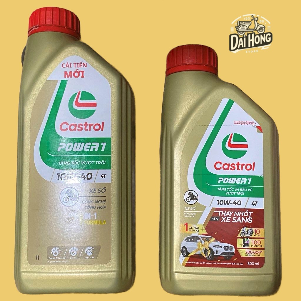 NHỚT XE SỐ CASTROL POWER 1 10W40  1 LÍT VÀ 0.8 LÍT (BÌNH VÀNG)