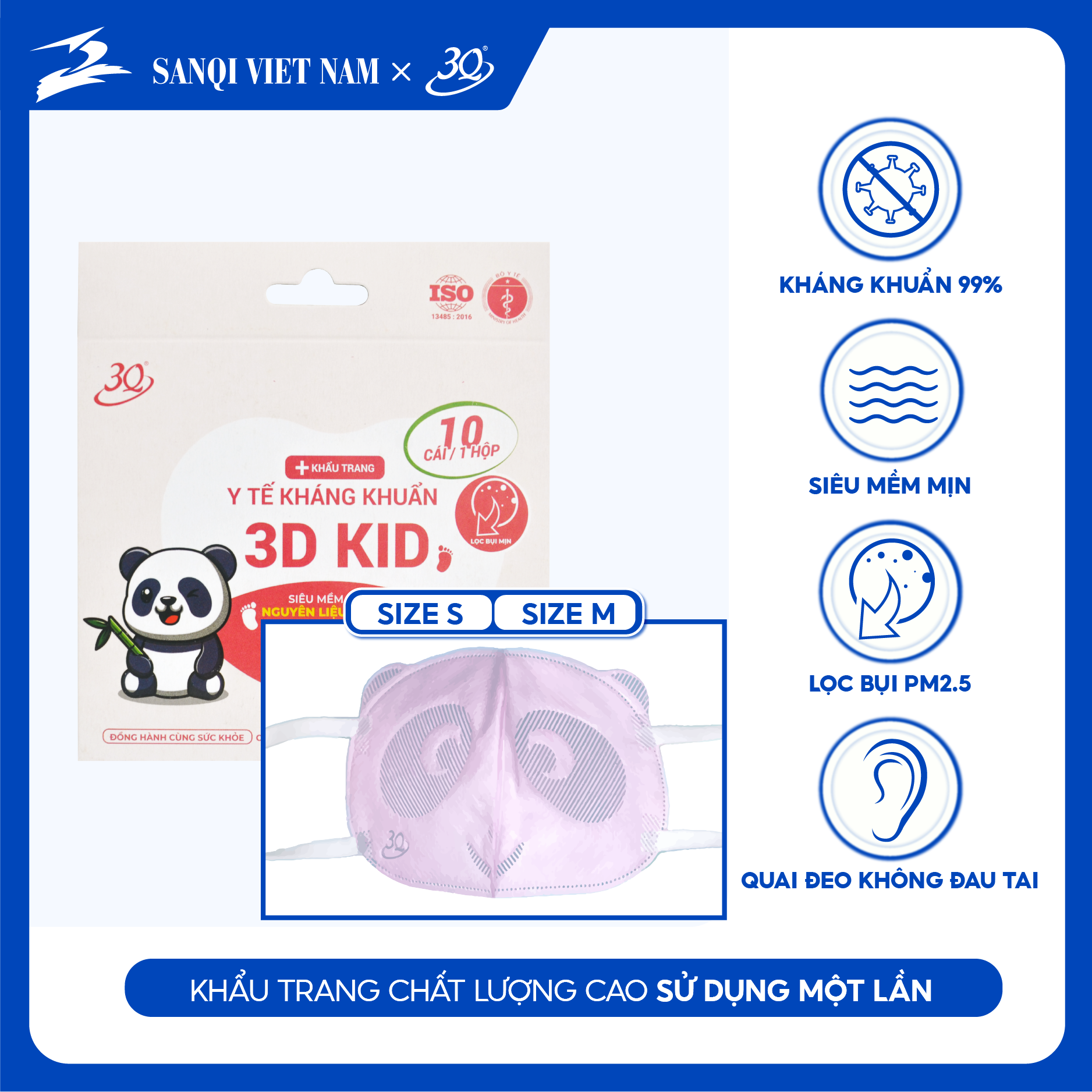 Combo 50 chiếc / 5 hộp khẩu trang gấu trúc panda cho bé 0-2 tuổi (size S) - Khẩu trang 3Q chính hãng