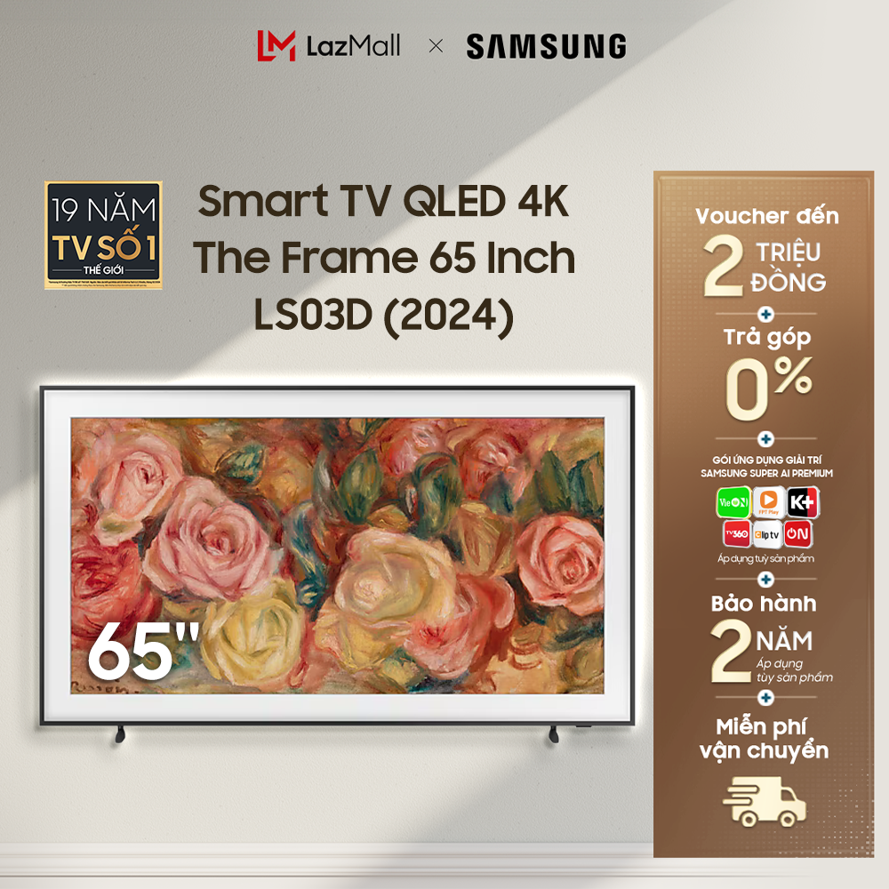 Smart Tivi Samsung 65 Inch The Frame LS03D QA65LS03DAKXXV QLED 4K Chế độ tranh Art Mode Smart TV (2024)- Hàng Chính Hãng - Phân Phối Bởi Lazada - MIỄN PHÍ VẬN CHUYỂN TOÀN QUỐC