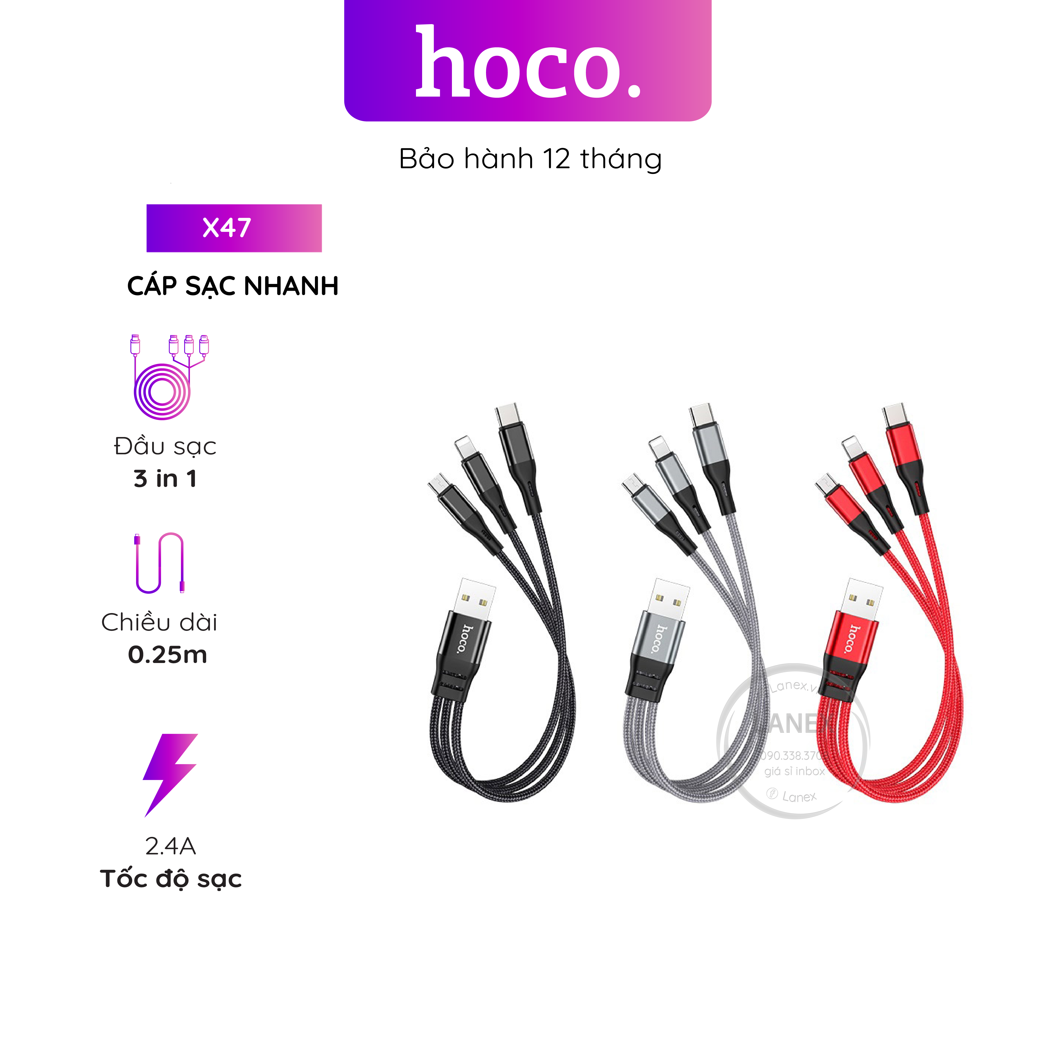 Cáp Sạc Nhanh Hoco X47 Dây Dù 2.4a 3 In 1 Dài 25cm