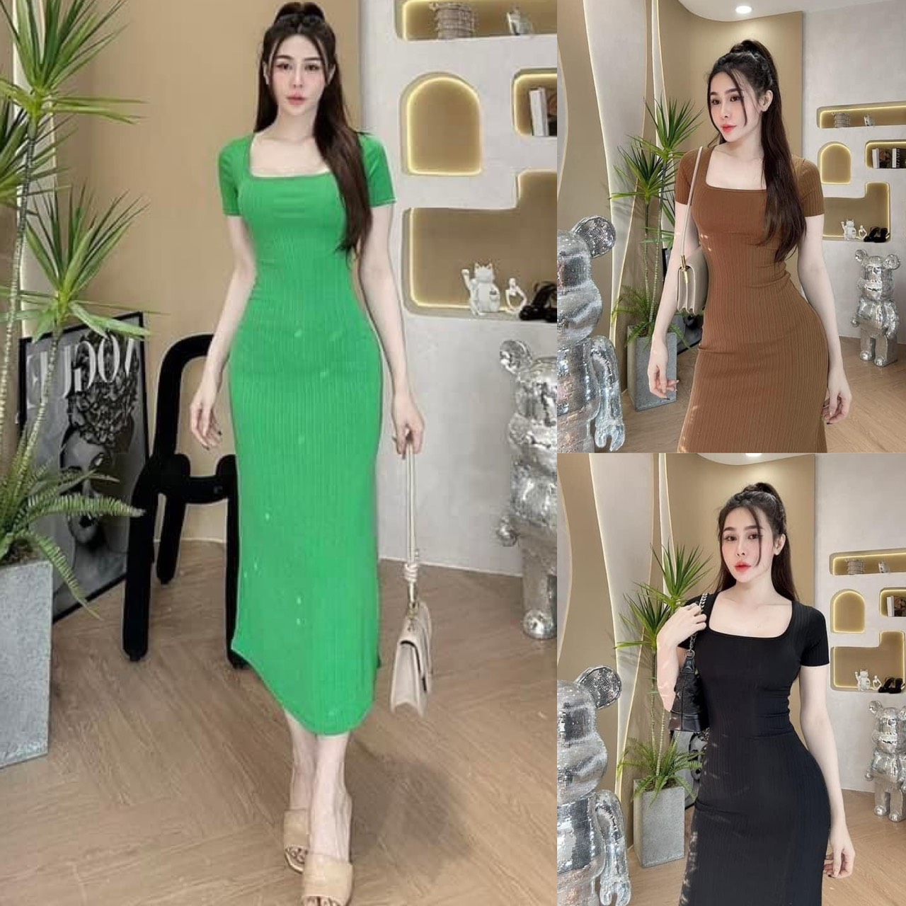 Đầm body cổ vuông tay ngắn chất thun gân xương cá MBB60