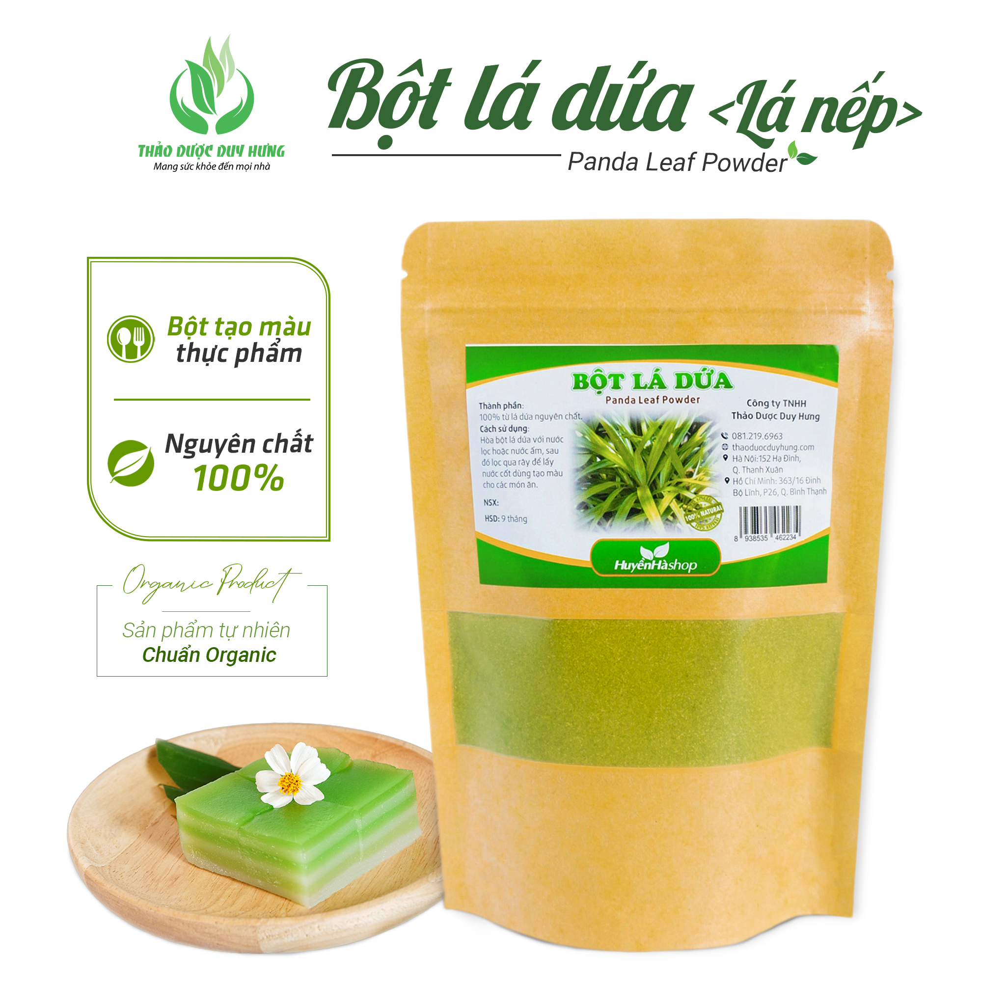 Bột lá nếp (Lá dứa) 100% nguyên chất (Gói 100g) - Tạo màu xanh và hương vị thơm ngon cho món ăn - Công ty TNHH Thảo Dược Duy Hưng