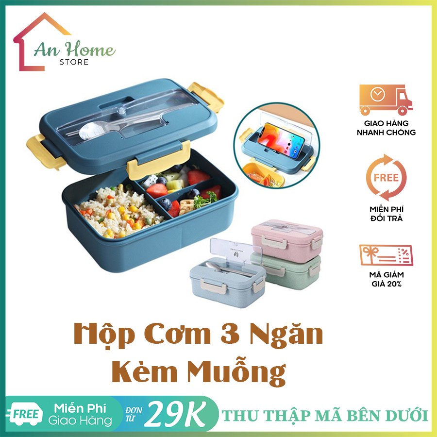 Hộp cơm trưa văn phòng anhome, hộp đựng cơm 3 ngăn lúa mạch kèm muỗng đũa inox