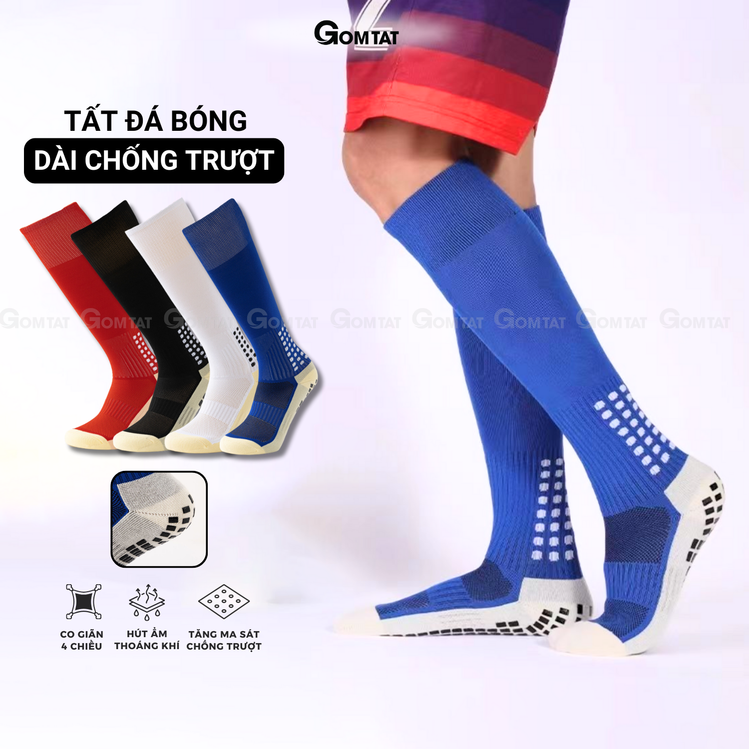  Tất đá bóng chống trượt GOMTAT dài đến gối vớ nam thể thao cổ cao có đệm silicon chống trượt khử mùi êm chân - DB-507-1DOI 