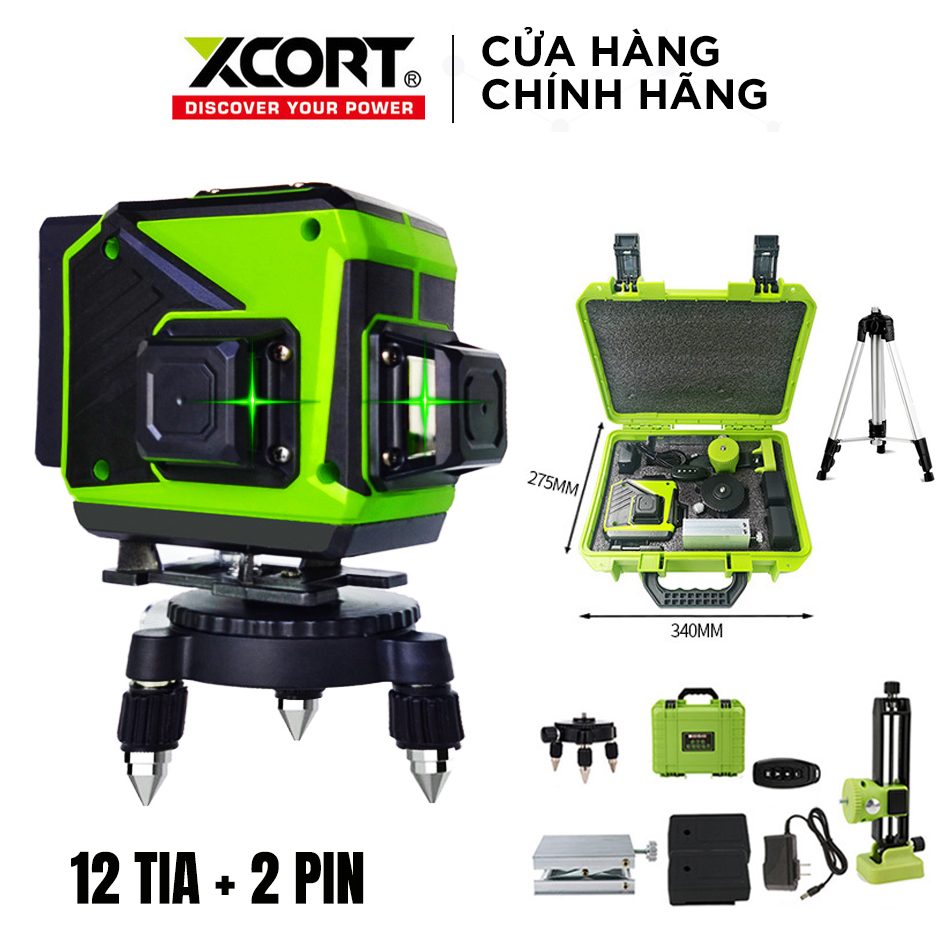 Máy cân mực 12 tia xanh - Máy cân bằng laser chính hãng XCORT Đi kèm Hộp Máy Và Tặng Chân 1m2