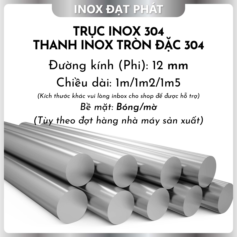 Trục inox đặc 304/ thanh inox tròn đặc 304 phi 12.0 / 12 ly, chiều dài 1m/1m2/1m5