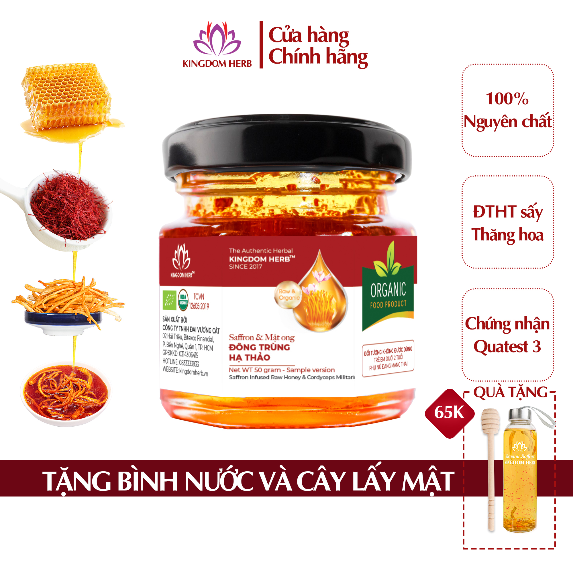 Mật ong saffron đông trùng hạ thảo Kingdom Herb chính hãng hộp 50g, saffron mật ong đông trùng hạ thảo thượng hạng