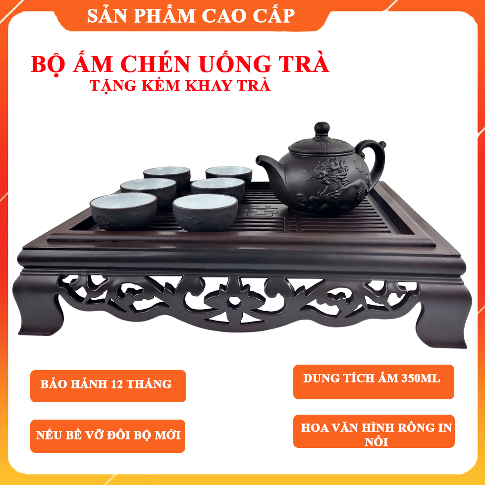 Bộ ấm chén uống trà tặng kèm khay trà nhựa giả gỗ Song Long bộ ấm pha trà cao cấp, bộ ấm trà tử sa, bộ ấm trà gốm sứ bát tràng đất nung tráng men hoa văn in nổi cao cấp.