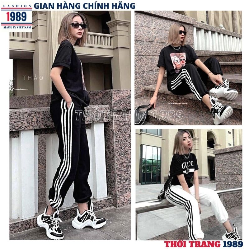 Quần nỉ thể thao 4 sọc bo gấu -quần thể thao nữ ,quần nỉ nữ , quần 3 sọc nữ kiểu dáng trẻ chung năng động- quần dài thể thao nữ ,Quần Jogger thể thao vải nỉ da cá 4 sọc chun gấu siêu cá tính-THỜI TRANG 1989