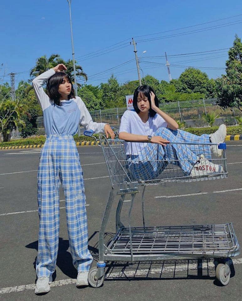 ( ẢNH THẬT) QUẦN VẢI ỐNG RỘNG KẺ CARO MÀU XANH DƯƠNG THỜI TRANG HÀN QUỐC, AMELIA