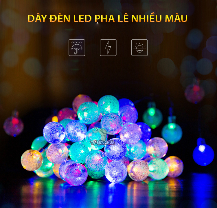 Bộ dây đèn nháy, đèn trang trí pha lê 10m 60 bóng loại mới 2020 siêu chống nước, siêu bền, bóng đèn nháy bọt nước nhiều màu