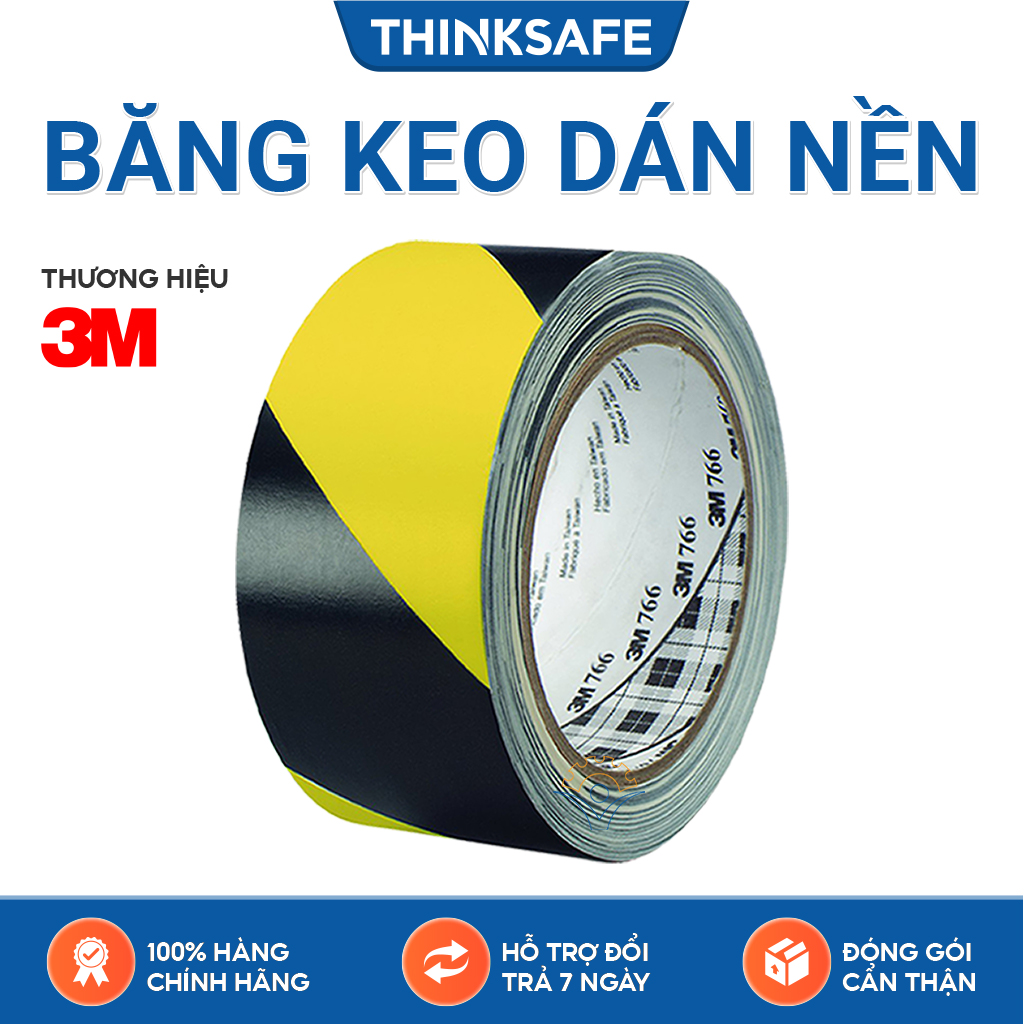 Băng keo cảnh báo dán nền 3M 766 màu vàng sọc đen - Băng dính chuyên dùng dán nền cảnh báo cho nhà xưởng tủ điện (50mmX32.9m) - Bảo hộ Thinksafe