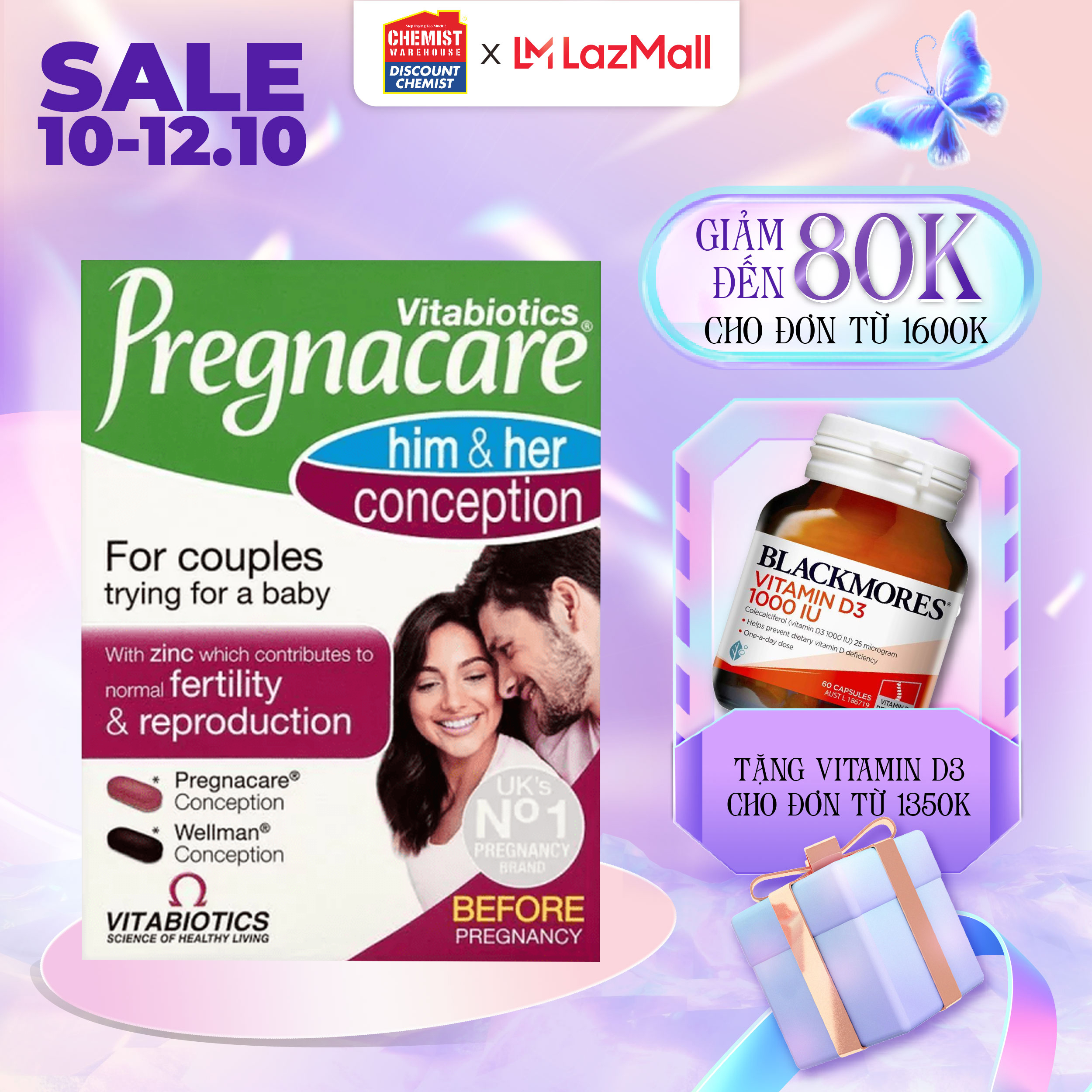 Viên uống tăng khả năng thụ thai Pregnacare Him & Her Conception 60 viên hỗ trợ sức khỏe sinh sản cho cả nam và nữ