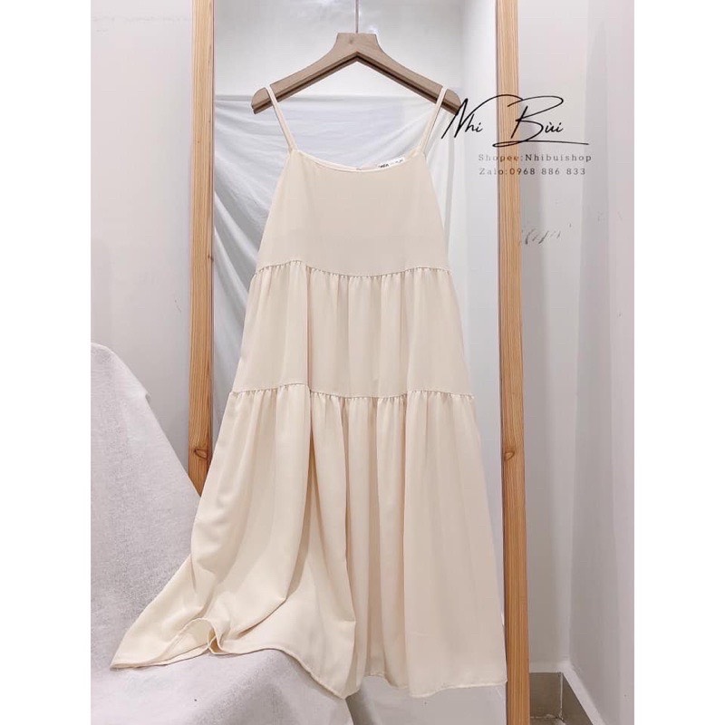 Đầm maxi hai dây babydoll 3 tầng vải đũi mặc đi biển