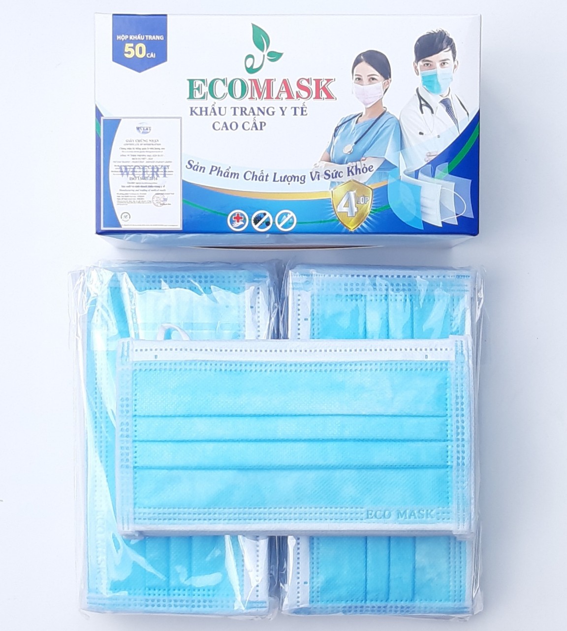 [50cái M.Xanh] Khẩu trang y tế ECO MASK 4 Lớp chống thấm nước kháng khuẩn ngăn ngừa vi virus, bụi bẩn qua đường hô hấp nhờ lớp lọc cao cấp (hộp/50cái)