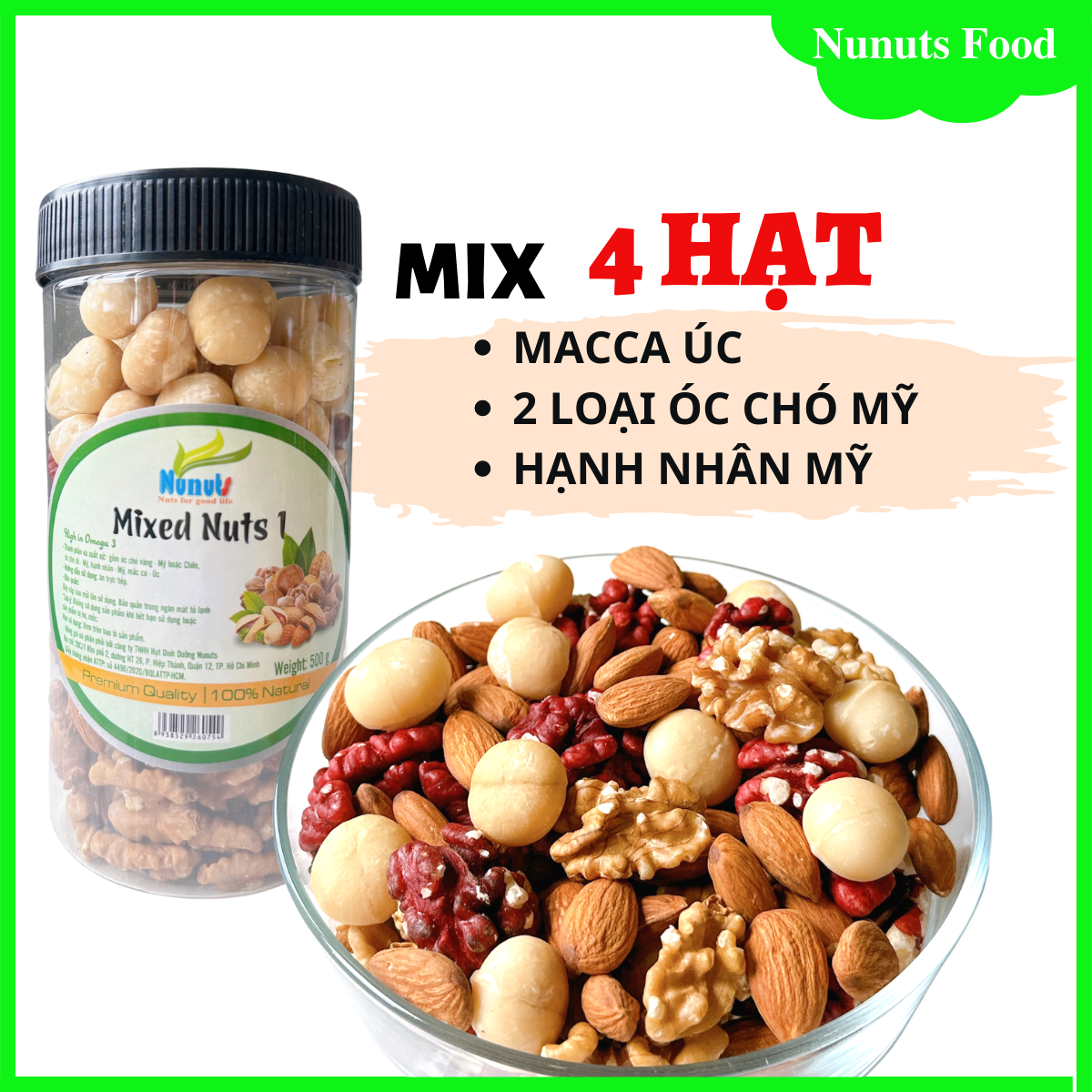 Mix hạt dinh dưỡng gồm 4 loại hạt( macca Úc, hạnh nhân Mỹ, 2 loại óc chó Mỹ) nguyên vị, nướng mật ong và hạt làm sữa