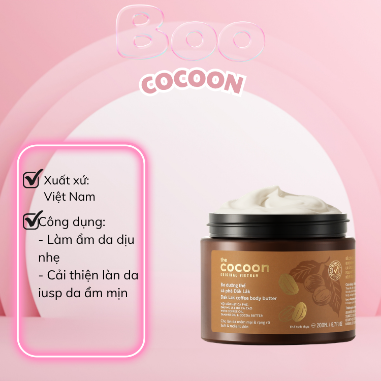 Bơ Dưỡng Thể Cocoon Cà Phê Đắk Lắk Dưỡng Ẩm Chuyên Sâu, Làm Mềm Da, Hương Cà Phê Tự Nhiên 200ml