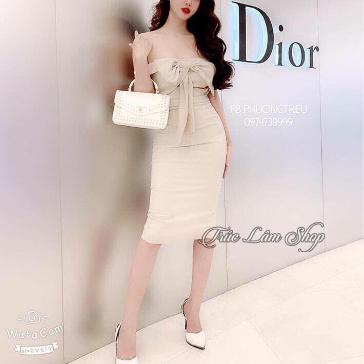 [HCM]Đầm Body Rớt Vai Phối Nơ Xinh