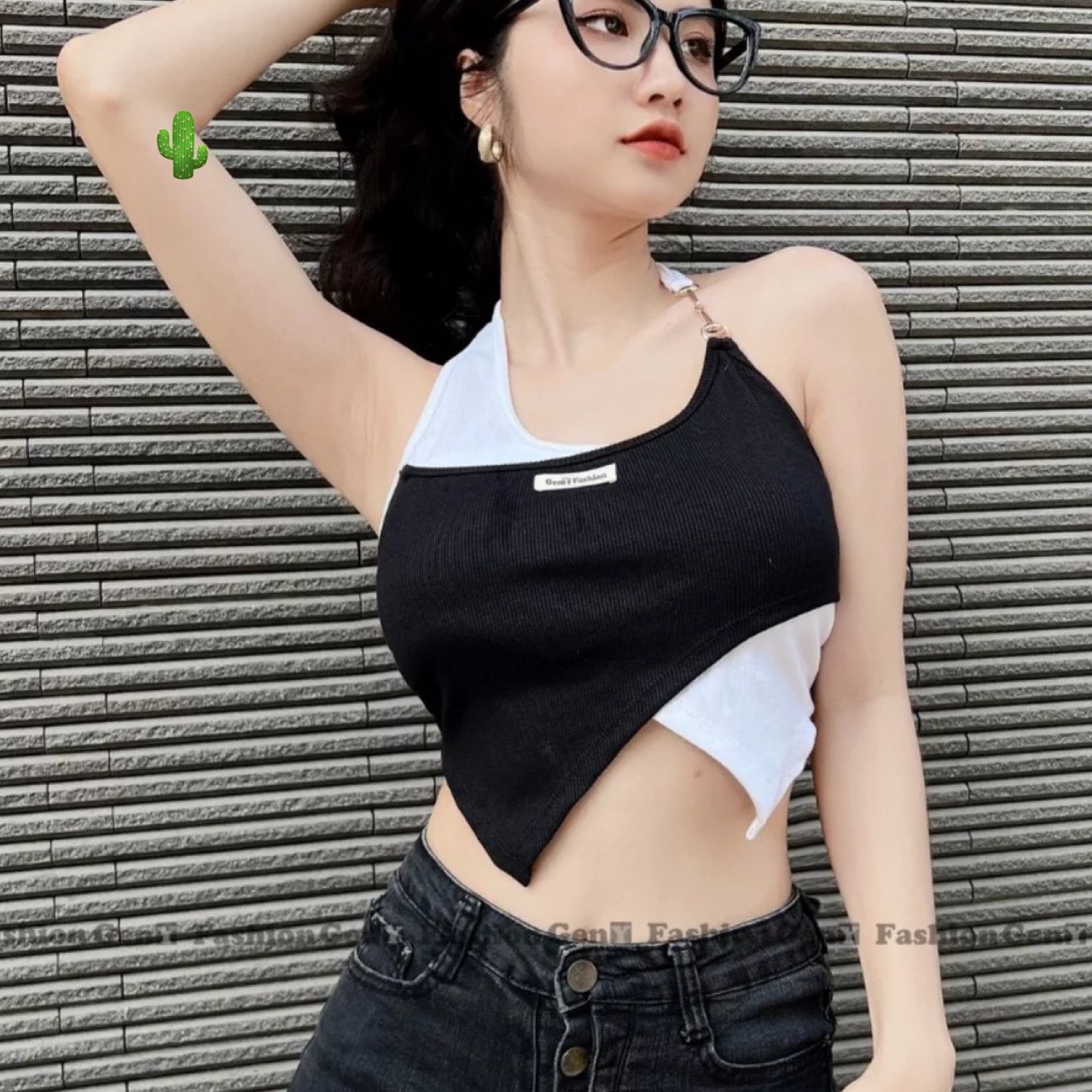 Áo hai dây hai vạt chéo thna6 phối 2 màu đính khoen cực cá tính và bụi bặm