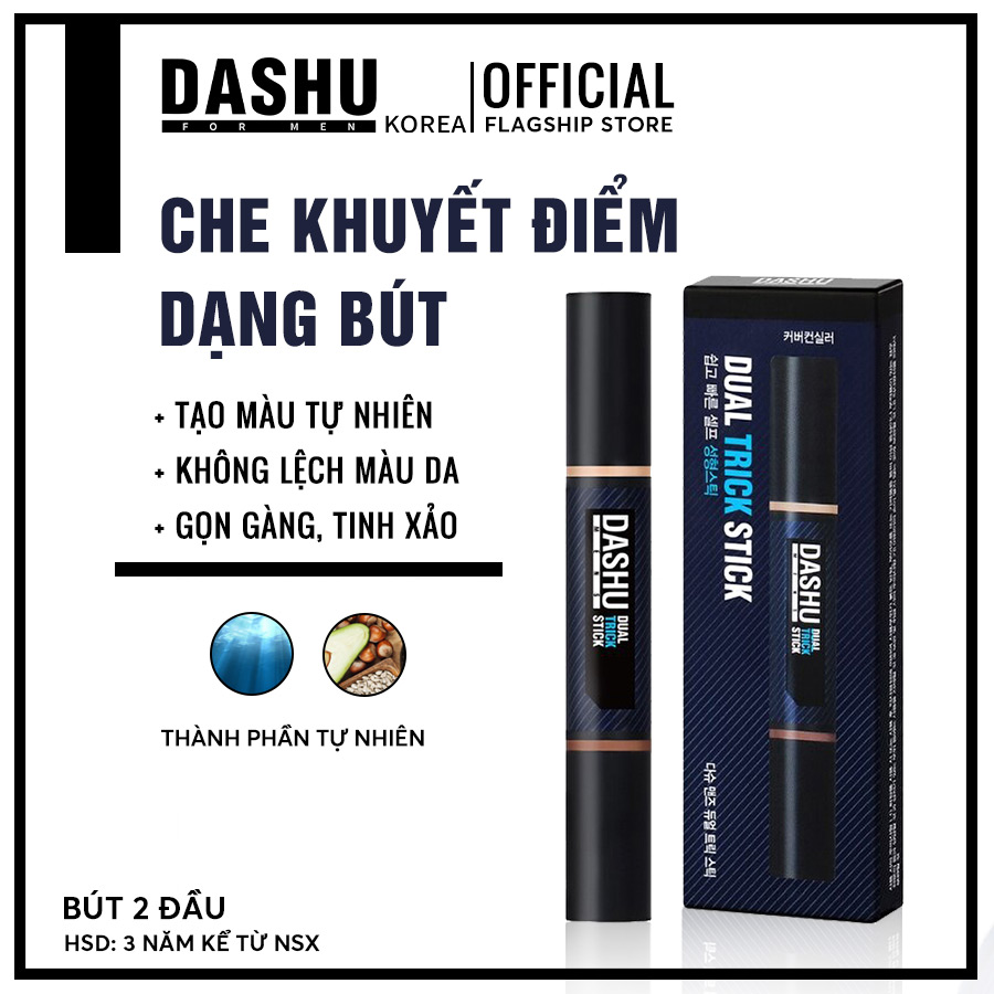 Thanh che khuyết điểm Hàn Quốc Dashu Mens Dual Trick Stick cho Nam hai đầu dạng thỏi(kết hợp giữa phấn phủ và kem nền che khuyet diem), 2 tone màu dễ tạo khối phủ hết thâm, nám, mụn, triết xuất từ dầu jojoba, dầu cây trà và nước ép lô hội.