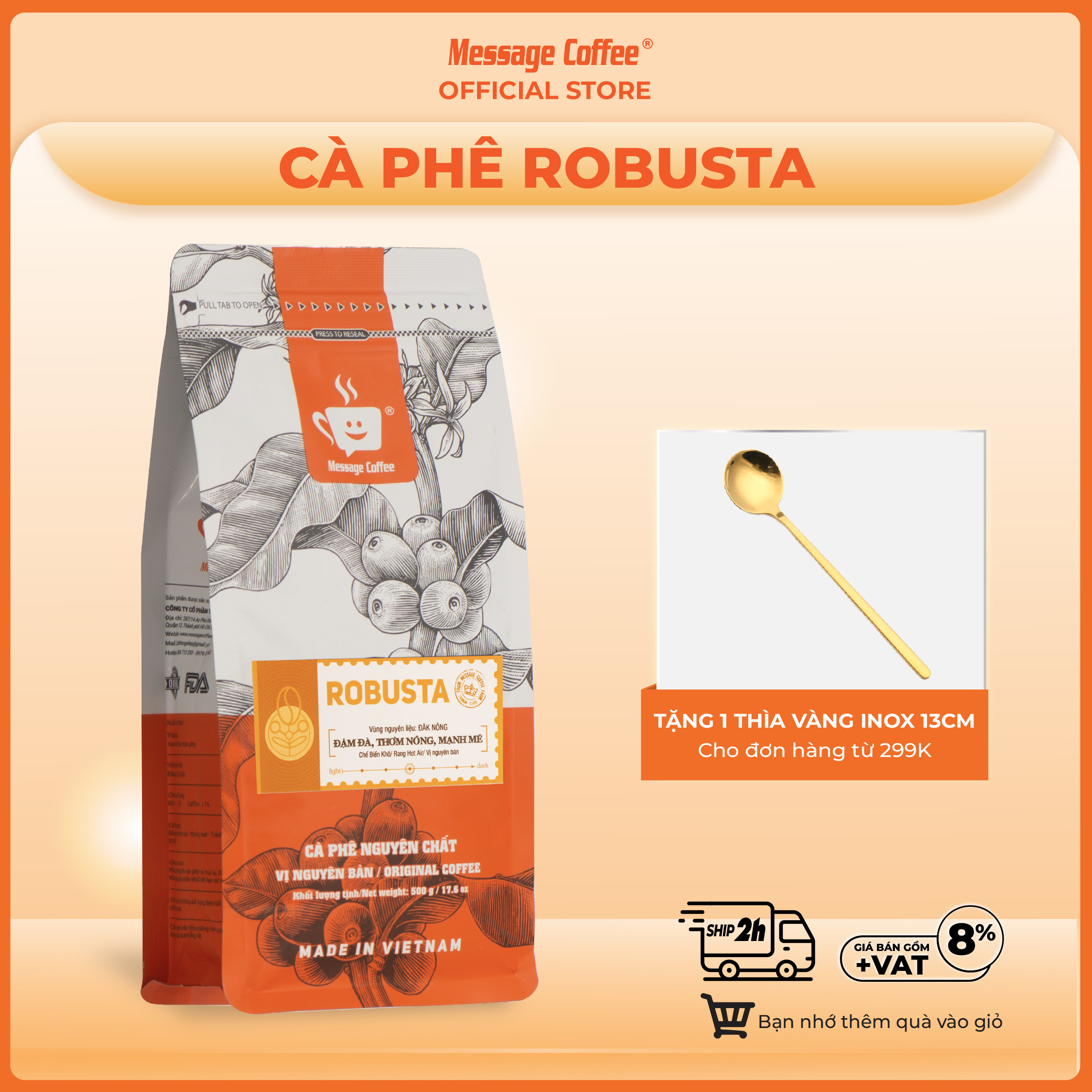 Cà phê Robusta nguyên chất rang mộc 100% cafe hạt gói 500gr vị đắng đậm gu truyền thống từ Message Coffee