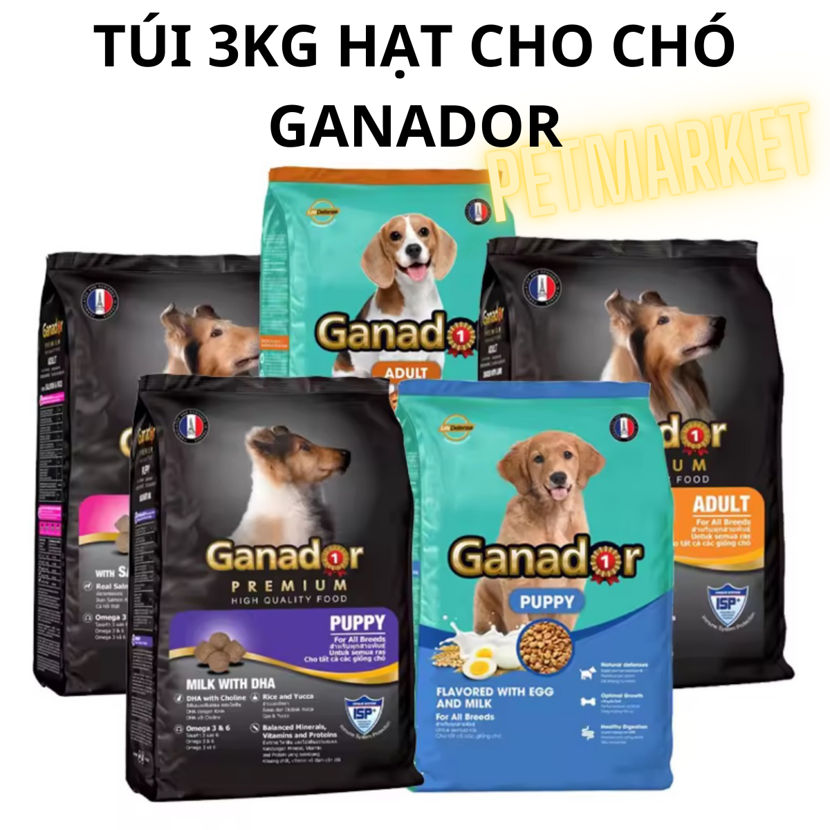 TÚI 3KG THỨC ĂN CHO CHÓ HẠT GANADOR NHIỀU VỊ, HẠT CHO CHÓ CON VÀ CHÓ TRƯỞNG THÀNH