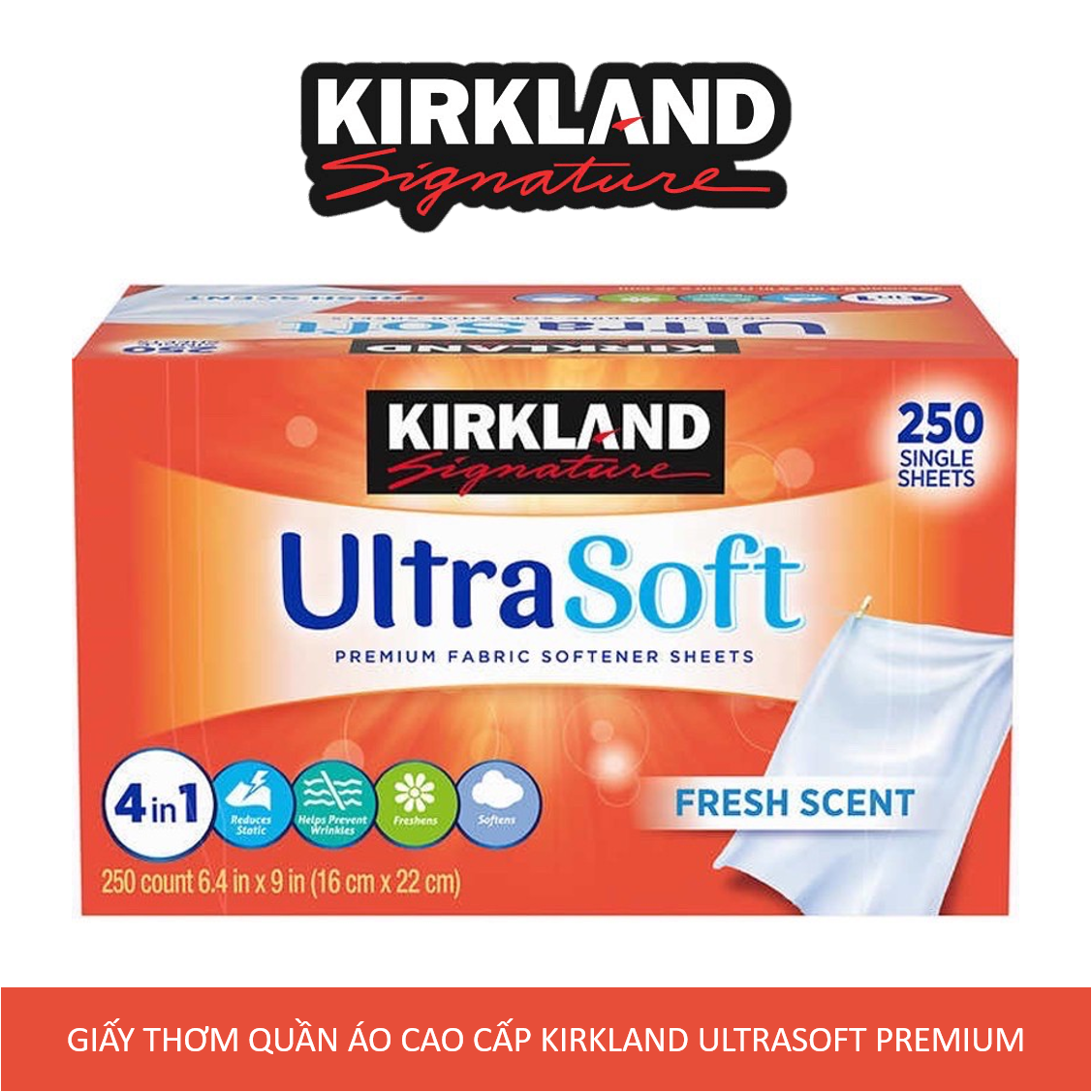 Giấy thơm làm mềm quần áo cao cấp Kirkland UltraSoft Premium Fabric Softener Dryer Sheets 250 tờ