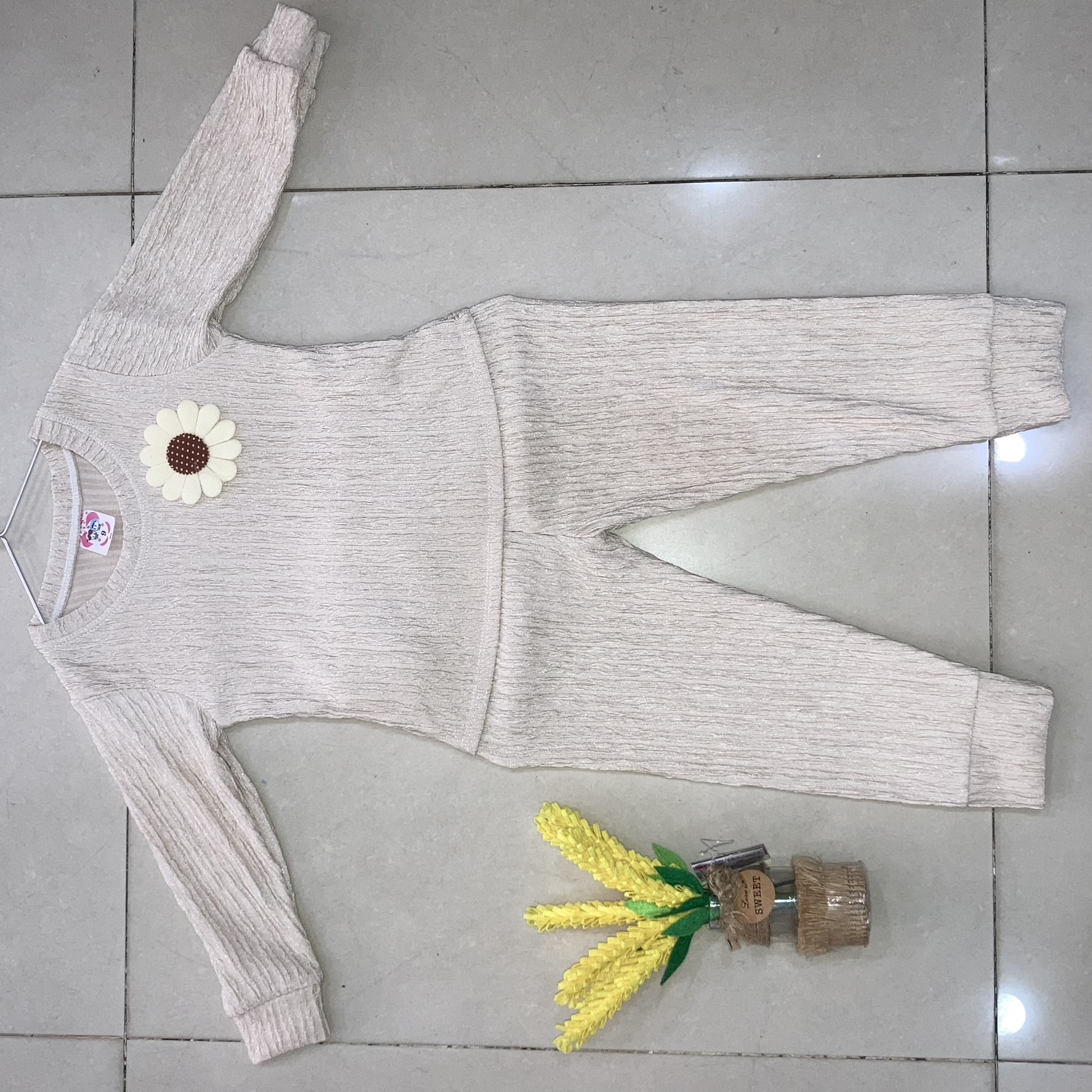 [8-18kg] Đồ bộ vải tay dài đính hoa vải xốp cho bé gái ngủ điều hòa chống mũi, đi chơi, đi học (TT058)