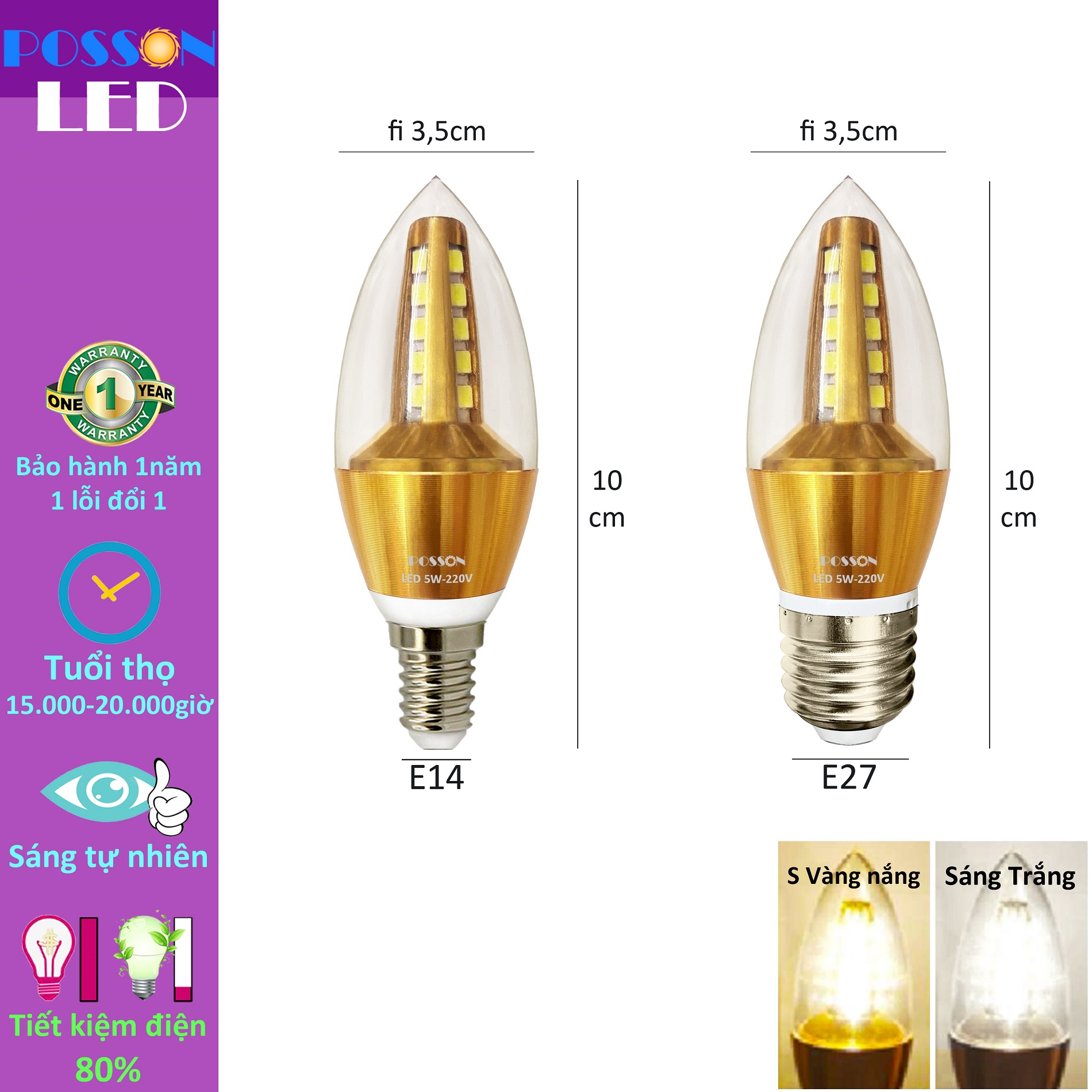 10 Bóng đèn Led nến quả nhót 5w đui đuôi E14 E27 trang trí lắp đèn chùm đèn lồng Posson LCP-Ex
