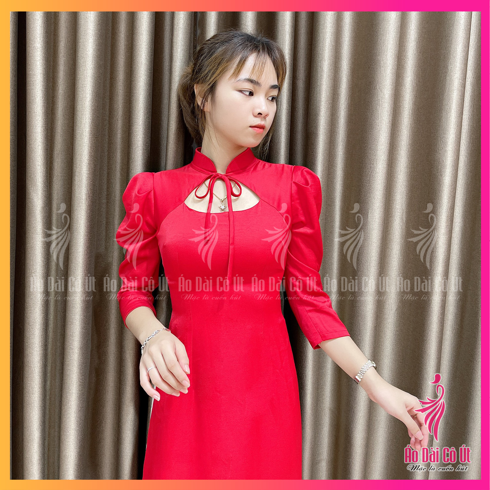 Áo dài truyền thống nữ tay phồng cổ cột nơ vải lụa tây thi