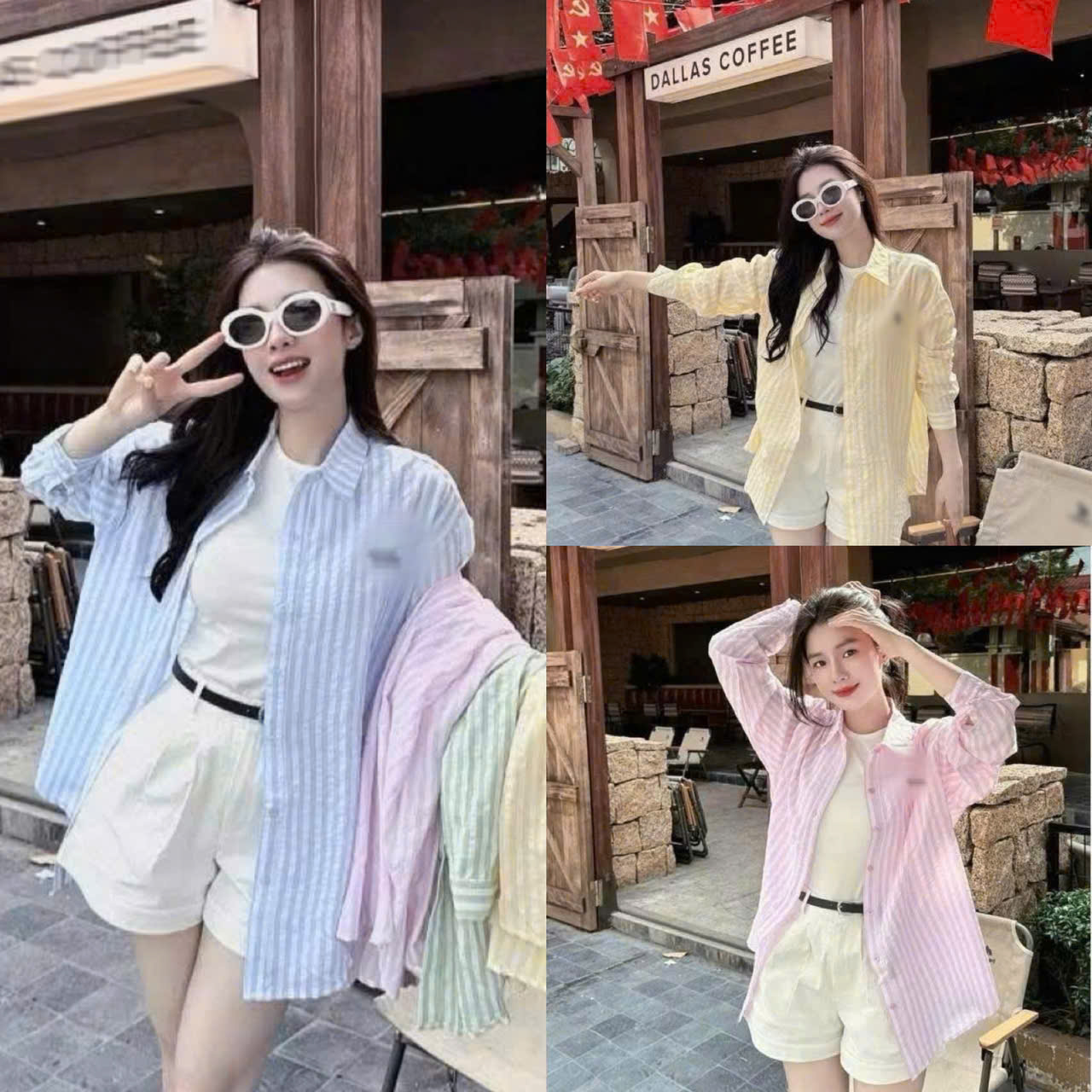 Set bộ thời trang Nữ 3 món áo sơ mi lụa sọc thêu kèm lót thun trong phối quần đùi tuyết mưa ống rộng (KÈM ĐAI) 4 màu
