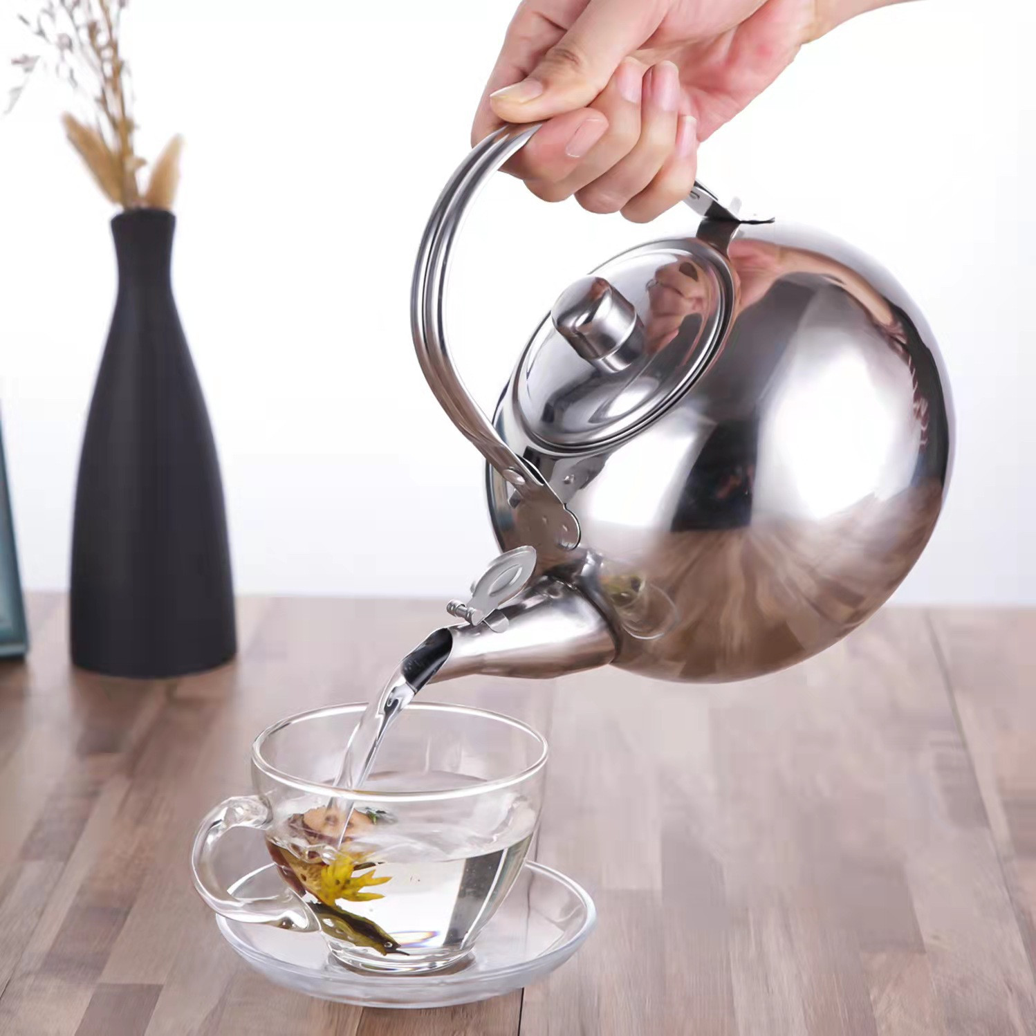 Ấm đun bình pha lọc trà inox có rổ lọc xác trà inox cao cấp size 14cm đun được bếp từ- ấm lọc trà - bình lọc trà