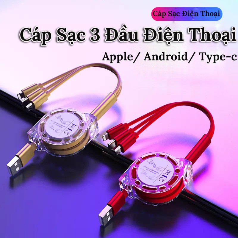 Cáp sạc nhanh usa - dây cáp sạc điện thoại - cáp sạc nhanh 3 đầu gồm rút gọn tiện lợi