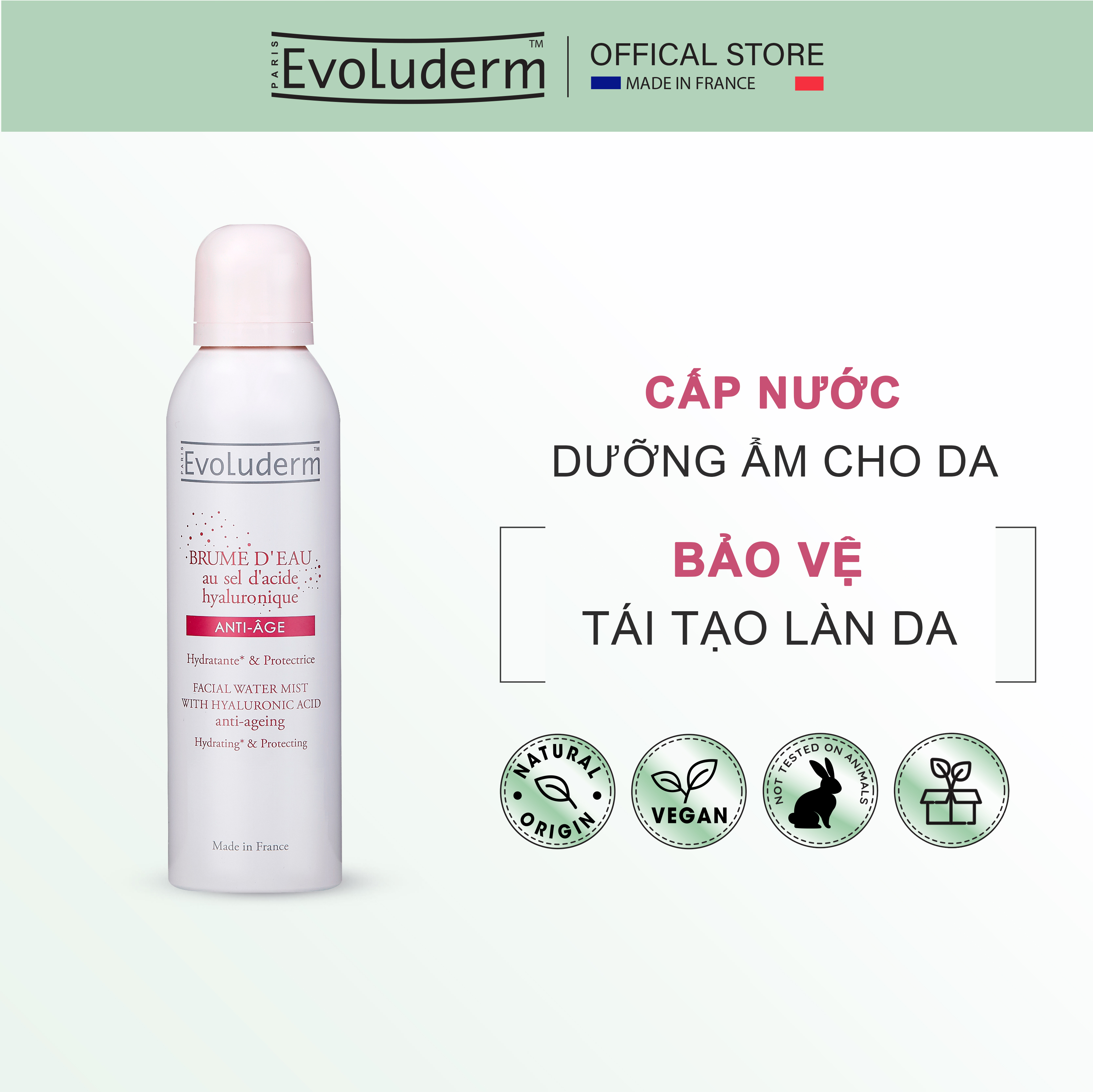 Xịt khoáng Hyaluronic Acid Evoluderm giúp dưỡng ẩm giảm thâm nám cải thiện độ sáng da chiết xuất từ Alpine Plants 150ml
