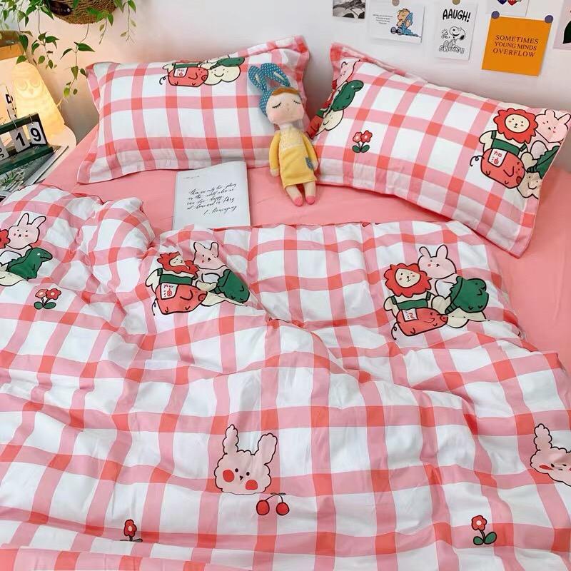 Trọn Bộ 4 Món Chăn Ga Gối Cotton Poly Nhập Mẫu THỎ KẺ ĐỎ HỒNG Dễ Thương Cho Bé Gái