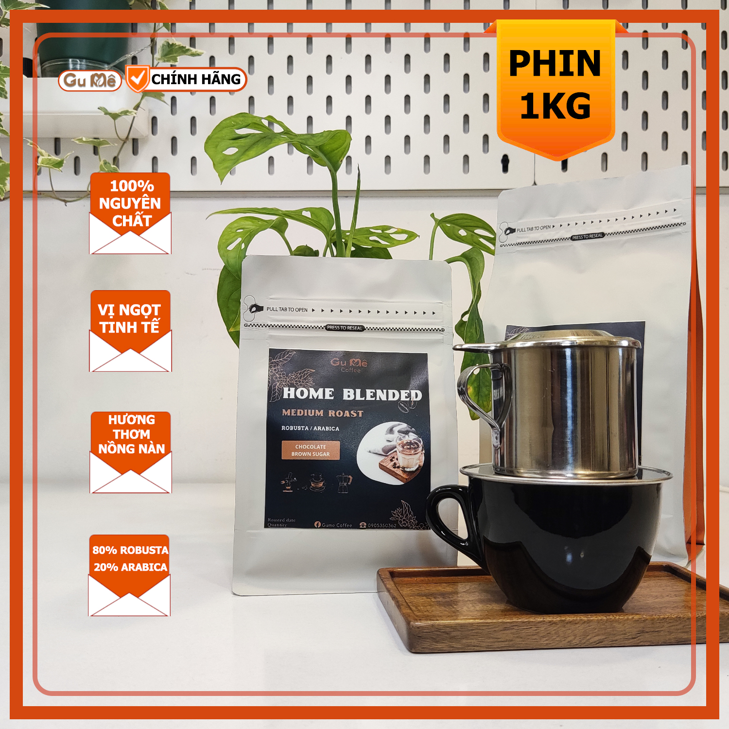 Cà phê pha phin gu mê home blend , 20% arabica - 80% robusta, gói 1kg rang mộc nguyên chất 100%, hương thơm nồng nàn