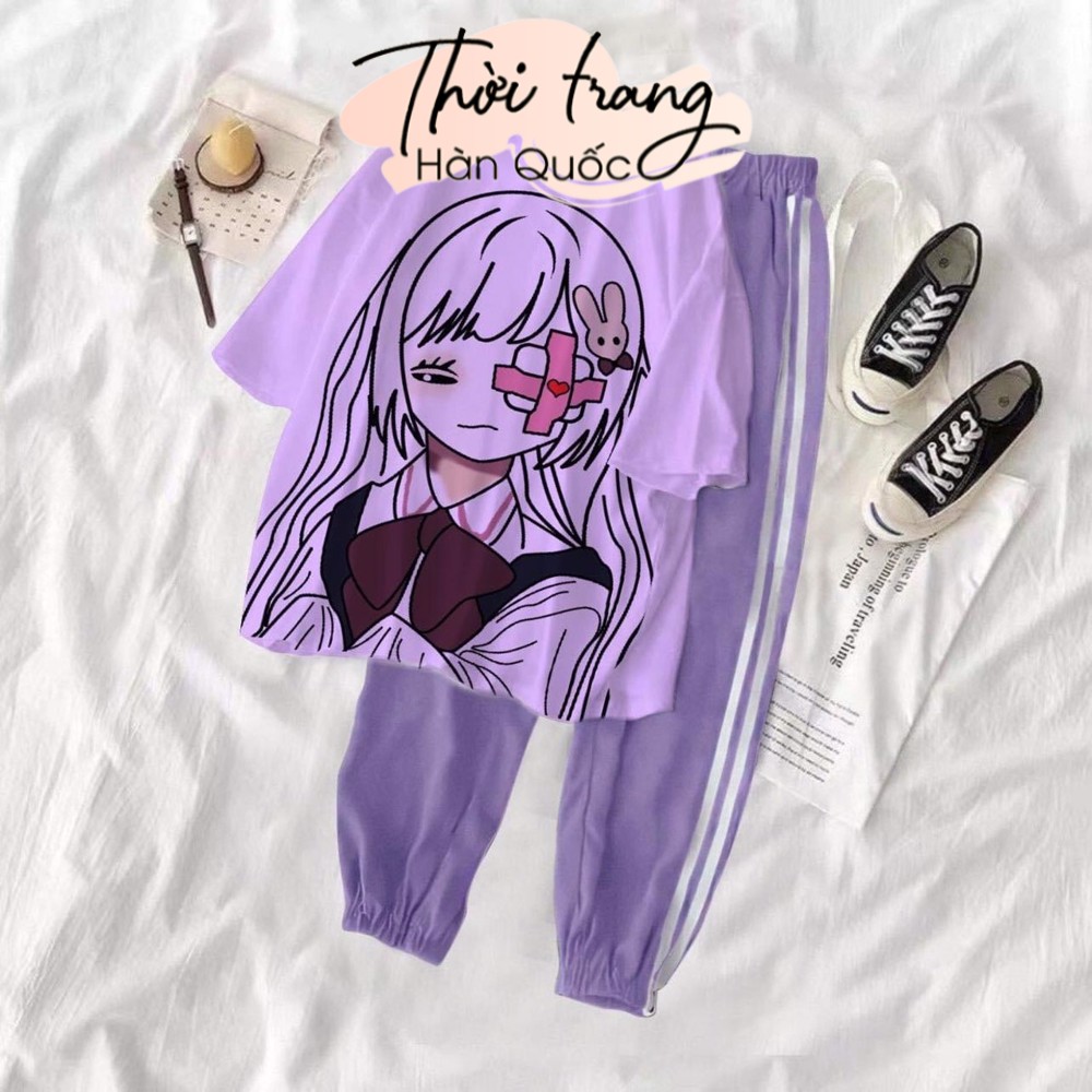 Set áo thun in hình kèm quần 3 sọc hồng chun gấu - hottrend shop-nd